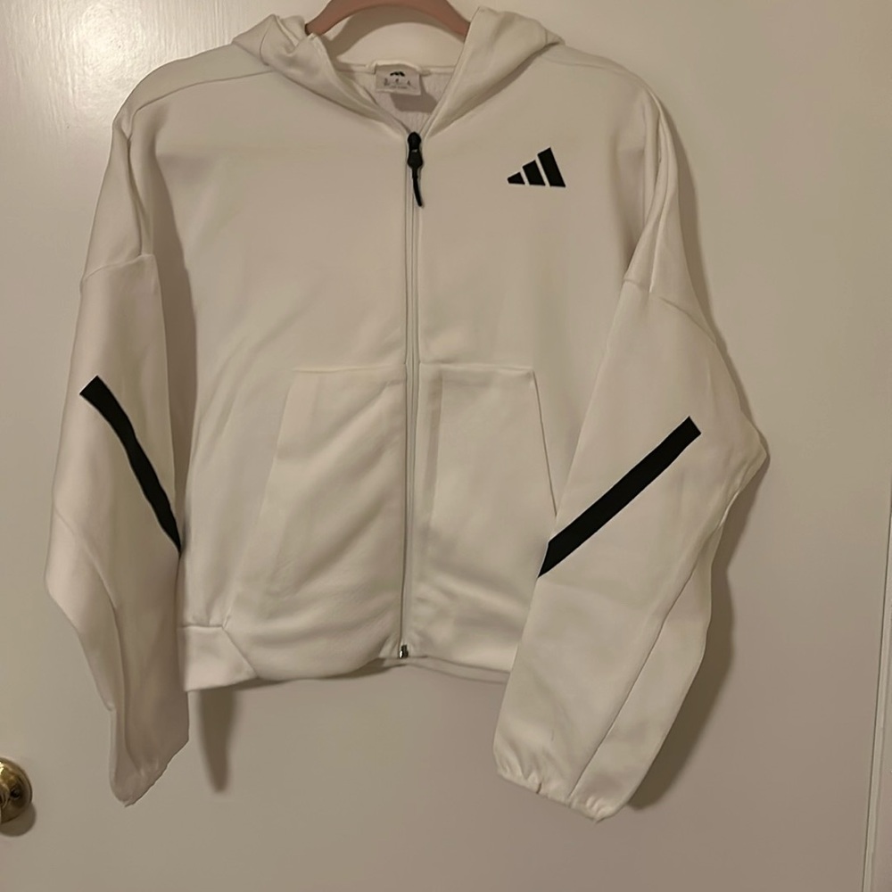 Adidas White and Black Hoodie Jacket